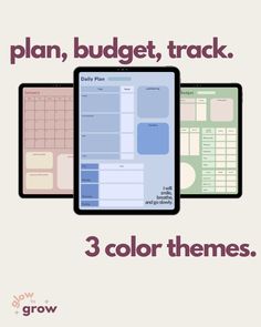 three ipads with the words plan, budget, track and 3 color themes on them