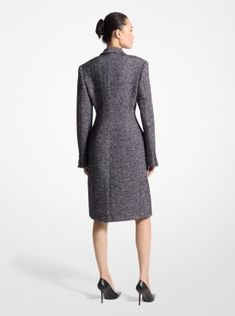 Softly structured and meticulously tailored in Italy, this herringbone tweed coat features lightly padded shoulders, a double-breasted closure and a carved-out waistline for feminine definition. An ideal outer layer for work and evening alike, it looks smart teamed with a timeless top-handle bag and pointed-toe pumps, as seen on our Fall/Winter 2024 runway. Fall Formal Wool Tweed Dress, Formal Wool Tweed Dress For Fall, Wool Tweed Dress For Formal Fall Occasions, Formal Winter Wool Tweed Dress, Fitted Tweed Outerwear For Work, Elegant Fitted Herringbone Outerwear, Fitted Tweed Wool Coat For Work, Elegant Fitted Tweed Wool Coat, Formal Fitted Single-breasted Tweed Dress