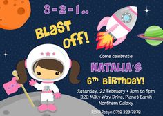 a birthday card with an astronaut girl on the moon and stars in the sky, which reads blast off