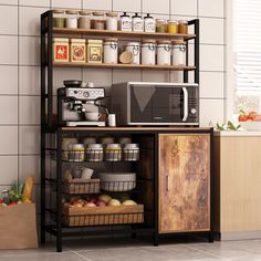 a kitchen with a microwave, coffee maker and other items on the shelves in front of it