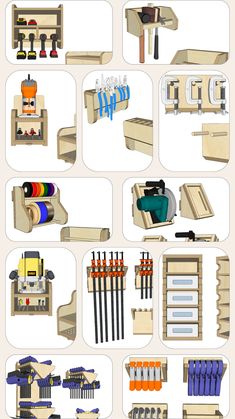 various types of woodworking tools are shown in this image, including an assembly line