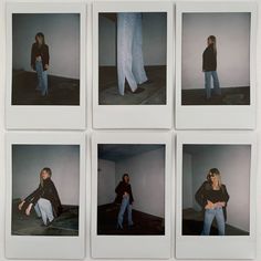 four polaroid photographs of women standing in an empty room with one woman leaning on the floor