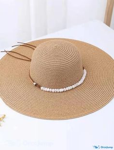 OrcaJump - Womens Summer Visor Hat with Bead Decorations, Sun Hat, Beach Straw Hat, Wide Brim Seaside Holiday Hat White Cap Straw Hat For Beach, White Straw Cap For Beach, White Cap-shaped Straw Hat For Beach, Beige Bucket Hat For Beach, Brown Crochet Beach Cap, Adjustable Panama Hat For Summer, Beach Cap In Beige, Adjustable Summer Panama Cap, Beige Cap For Beach