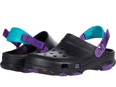 Crocs Classic All Terrain Clog - Clog Shoes : Black/Neon Purple : Stay incognito in the Crocs Classic All Terrain Clog featuring a thermoplastic (EVA) upper with ventilation ports for breathability. Adjustable turbo heel straps for a snug, accommodating fit. Iconic Crocs Comfort: Lightweight. Flexible. 360-degree comfort . Roomy fit is generous and allows for movement on all sides. Thermoplastic (EVA) footbed with circulation nubs. Non-marking Thermoplastic (EVA) outsole. Imported. Measurements: Authentic Corsets, Clogs And Mules, Crocs Clogs, Clog Shoes, Neon Purple, Black Neon, Waist Cincher, Clogs Shoes, Strap Heels