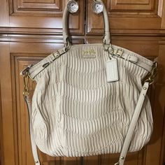 Cream Colored Bag, Brand New! Designer Cream Satchel Bag, Designer Coach Cream Satchel, Designer Cream Coach Satchel, Designer Coach Satchel With Removable Pouch, Designer Coach Shoulder Satchel, Luxury Coach Satchel For Errands, Designer Coach Cream Bags, Chic Coach Bag With Detachable Handle, Chic Coach Tote Satchel