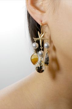 Ocean Fragments Earrings made of 14k gold and Akoya pearls from Lunar Rain. Designed by Melissa Chen. Ocean Earrings, Silvery Blue, Sea Jewelry, Band Necklace, Indie Jewelry, Starfish Earrings, Ocean Jewelry, Dendritic Agate, Akoya Pearls