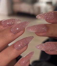 Almond Shaped Sparkly Nails, Sparkly Taupe Nails, Long Engagement Nails, Almond Velvet Nails, Nude Nails Glitter Tips, Sns Glitter Nails, Pageant Nails Ideas, Sparkly Baby Pink Nails, Nail Ideas Glitter Sparkle