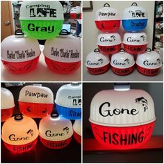 several different types of light up containers with labels on them, including one for gone fishing and the other for gravy