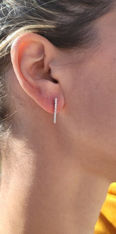 Mini Diamond Bar Earrings - Mila Gems Diamond Bar, Bar Earrings, Nostril Hoop Ring, Round Diamonds, Nose Ring, Diamonds, Gems, White Gold, Yellow Gold