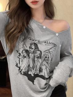 ⚡Buy 2024 Anime Print Slanted Shoulder Oversized Long Sleeve Tee Gray XL under $22.00 in Tops&Tees at AnotherChill.com Online. Style: Casual/Street/Vintage/Sweet/Y2K/Sexy. Fabric Content: Acrylic. Fit Type: Loose Fit. Neckline: Slanted Shoulder. Sleeve Length: Long Sleeve. Unique Style: Elevate your fashion game with our Anime Print Slanted Shoulder Oversized Tee. Its slanted shoulder design adds a unique, trendy touch, while the cute anime print brings playful charm for anime enthusiasts.. Vers Oversized Tee Outfit, Off Shoulder T Shirt, Y2k Long Sleeve, Graphic Tee Outfits, 2000s Outfits, Effortlessly Chic Outfits, Pretty Top, Versatile Wardrobe, Oversized Long Sleeve