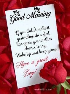 a red rose sitting next to a card that says, good morning if you didn't make it yesterday then god has given you another chance