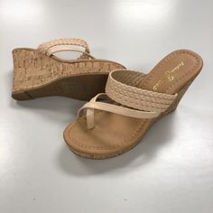 Brand New Pair Of Wedge Sandals From Fashion Focus With 4" Heel And 1” Platform Beige Synthetic Wedge Sandals With Heel Loop, Beige Slip-on Wedge Sandals, Beige Toe Post Wedge Sandals, Casual Beige Toe Post Wedge Sandals, Cream Slip-on Wedge Sandals For Beach, Nude Color, Cork Wedge, Womens Shoes Wedges, Wedge Shoes