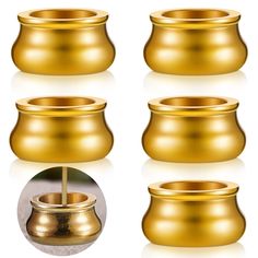 four golden pots with a stick sticking out of one, and another in the other