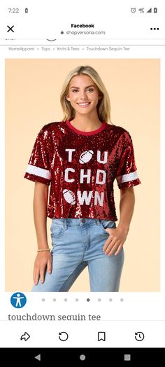 a woman wearing a red sequin top with the words too chic down on it