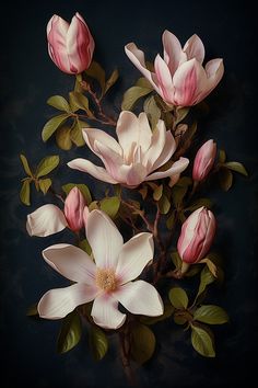 a bunch of pink flowers with green leaves on a black background in front of a dark backdrop