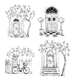 four different types of buildings and trees in black and white, each with a bicycle parked next to it