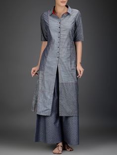 Buy Grey Red Button Down Kantha Embroidered Cotton Chambray Kurta Women Kurtas Online at Jaypore.com Blouse Outfit Casual, Kurta Women, Kurta Style, Indian Designer Suits, Salwar Kameez Designs