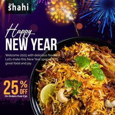 an advertisement for happy new year with colorful fireworks in the sky and rice on the plate