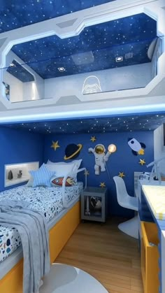 a bedroom with blue walls and white bedspreads, stars on the ceiling and an astronaut themed bed