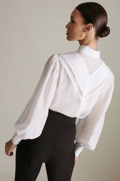 Lydia Millen Petite Silk Cotton Woven Blouse | Karen Millen Silk Long Sleeve Top With Set-in Sleeves, Elegant Long Sleeve Blouse With Set-in Sleeves, Silk Blouse With Set-in Long Sleeves, Elegant Fitted Blouse With Blouson Sleeves, Semi-formal White Silk Blouse, White Silk Blouse For Semi-formal Occasions, Formal Tops With Blouson Bishop Sleeves, Elegant Padded Blouse With Lantern Sleeves, Formal Top With Pleated Lantern Sleeves