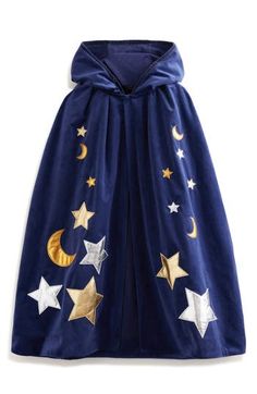 Your aspiring young wizard will look extra mystical in this swingy velvet cape sprinkled with metallic moons and stars. Cotton lining 100% polyester Machine wash, tumble dry Imported Wizard Outfit Design, Celestial Outfit, Celestial Wizard, Celestial Clothing, Wizard Cape, Wizard Outfit, Space Things, Hooded Shawl, Moon Board