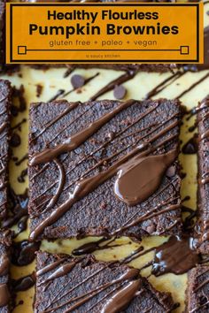 healthy flourless pumpkin brownies with chocolate drizzled on top and text overlay