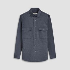 This classic shirt jacket, featuring a refined small check pattern is crafted from premium stretch knit fabric and features a point collar, full button closure with mother-of-pearl buttons, and two chest pockets with buttoned flaps. Ideal for everyday casual wear and semi-formal occasions alike. Navy Collared Outerwear With Buttoned Pockets, Business Casual Shirt With Spread Collar And Patch Pockets, Classic Navy Shirt With Pockets, Classic Fall Shirt With Buttoned Pockets, Classic Outerwear With Button Closure And Casual Collar, Workwear Shirt With Buttoned Pockets And Spread Collar, Business Shirt With Welt Pockets For Fall, Work Shirt With Buttoned Pockets And Spread Collar, Business Button-up Top With Patch Pockets