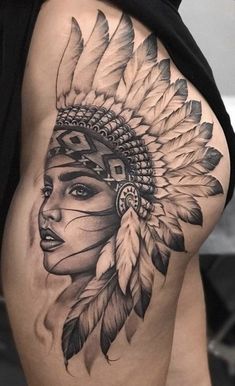 Native Tattoo Idea Woman Tattoo Sleeve Black And White, Indian Hip Tattoo, Native Woman Tattoo, Indian Girl Tattoo, Tattoo Indien, Indian Headdress Tattoo, Indian Women Tattoo, Tattoo Bein Frau, Native Indian Tattoos