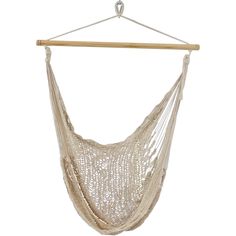 a white hammock hanging from a wooden hanger on a white wall background