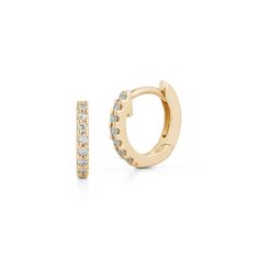 These pavé-set diamond and gold mini huggie earrings are a perfect size for those looking to fill 2nd, 3rd, 4th etc. piercings, or for those with petite earlobes. These diamond huggies hug your earlobe just right and are a brilliant addition to your ear stack. For most people, the mini huggies will fit in your second or third piercing, but some can wear these in their first hole. These diamond huggie earrings are the everyday staple earrings you've been hunting for. They are a favorite of the Da Staple Earrings, Dana Rebecca Designs, Diamond Huggie Earrings, Diamond Huggies, Ear Stack, Buddha Pendant, Bridal Engagement Rings, Climber Earrings, Diamonds And Gold