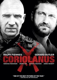 two men are staring at the camera in front of a black and white poster for coriolanus