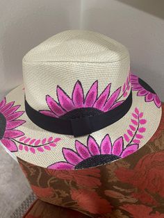 *FLASH SALE* Beautiful hand painted flower hat- panama style Multicolor Fedora For Spring Vacation, Multicolor Fedora For Vacation In Spring, Pink Panama Hat For Spring And Summer, Pink Bohemian Sun Hat For Kentucky Derby, Pink Summer Panama Hat For Spring, Bohemian Pink Sun Hat For Kentucky Derby, Pink Summer Hats For Kentucky Derby, Pink Panama Hat For Spring Beach, Pink Panama Hat For Spring Vacation