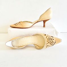 Light Beige Laser Cut Leather 2” Heels Very Good Condition Beige Kitten Heels With Almond Toe, Formal Cream Leather Kitten Heels, Elegant Cream Leather Kitten Heels, Classic Beige Almond Toe Heels, Cream Leather Kitten Heels For Spring, Spring Cream Leather Kitten Heels, Beige Leather Sole Court Shoes For Spring, Spring Beige Court Shoes With Leather Sole, Designer Leather Kitten Heels For Spring