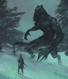 a man standing in the snow next to a giant monster