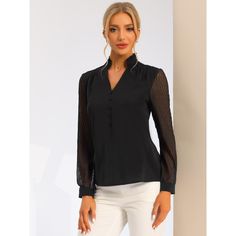 Creates an elegant chic look to your wardrobe with this chiffon work blouse. Featuring textured sheer long sleeves, button decor, and a ruffle high neck, this chiffon blouse offers a charming career style. Soft and lightweight fabric makes this shirt breathable and comfortable to dress up all day. It is a perfect choice for work or business casual with the classic solid colors of this blouse.