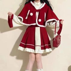 チャイナブラウス＋スカート＋猫耳フーディーケープコート【クリスマス聖夜のコスプレ】 - Belchic Fancy Clothes, Christmas Skirt, Winter Suit, Blouse Skirt, Hooded Cape, Patchwork Skirt, Cat Ear, Winter Skirt, Cape Coat