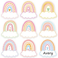 rainbow stickers with clouds and hearts on them