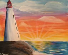 an acrylic painting of a lighthouse at sunset