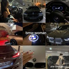 many different pictures of cars and people in the background with text that reads bmw woman