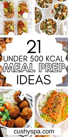 meal prepped meals with text overlay that reads 21 under 50 meal prep ideas