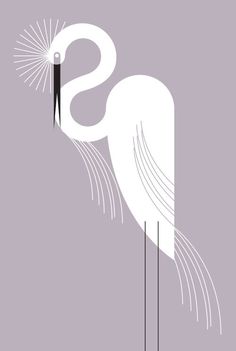 a white bird with long legs standing in front of a light purple background and the letter s on it's head