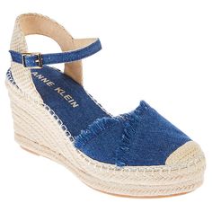 Anne Klein Laken Espadrille Wedge Sandal   A classic espadrille influence and fun, fashionable fringe detail lend a summery vibe to this walkable wedge featuring a modified round toe. Trendy Espadrille Wedge Sandals With Woven Sole, Trendy Espadrille Wedge Sandals With Removable Insole, Trendy Espadrille Wedge Sandals For Spring, Blue Espadrille Wedge Sandals For Spring, Blue Espadrille Wedge Sandals With Round Toe, Trendy Closed Toe Espadrille Wedge Sandals, Blue Synthetic Espadrilles For Spring, Blue Synthetic Spring Espadrilles, Blue Espadrille Wedge Sandals