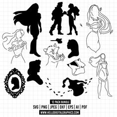 the silhouettes of people in different poses and shapes are shown on a sheet of paper