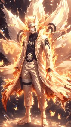 an anime character standing in front of fire