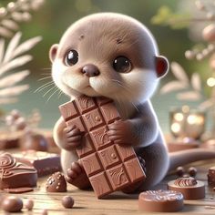 a cute little otter holding a chocolate bar