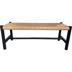 a wooden bench with black legs and a tan seat cushion on it's back