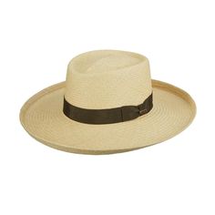 a white hat with a brown ribbon around the brim and black band on it