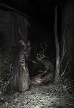 two people in the dark with their faces covered by fake antlers, one holding a knife