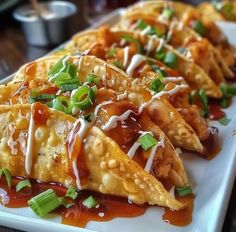 some food is sitting on a white plate with sauce and green onion garnish