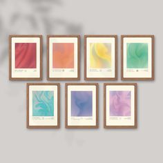 six framed art prints on a wall in different shades of green, blue, red and yellow